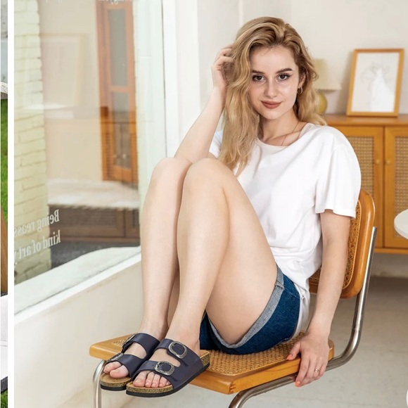 Fitvalen Women 2 Strap Adjustable Cork Footbed Flat Slide Sandals - Picture 5 of 6